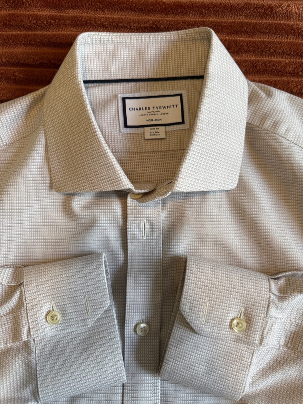 Charles Tyrwhitt Men's Light Ta  Micro-Texture Dress Shirt 17 / 34 Slim Fit